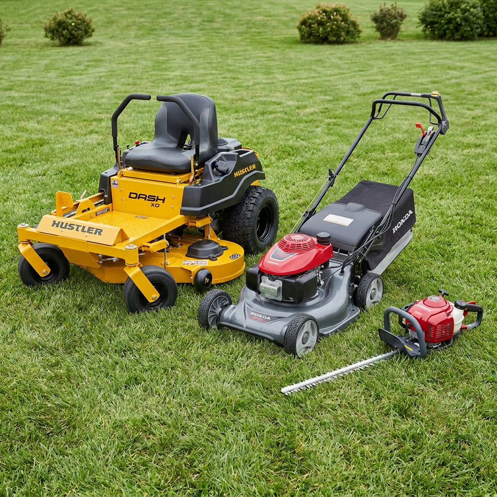 Professional gardening equipment including Hustler ride-on mower, Honda push mower and Honda hedge trimmer