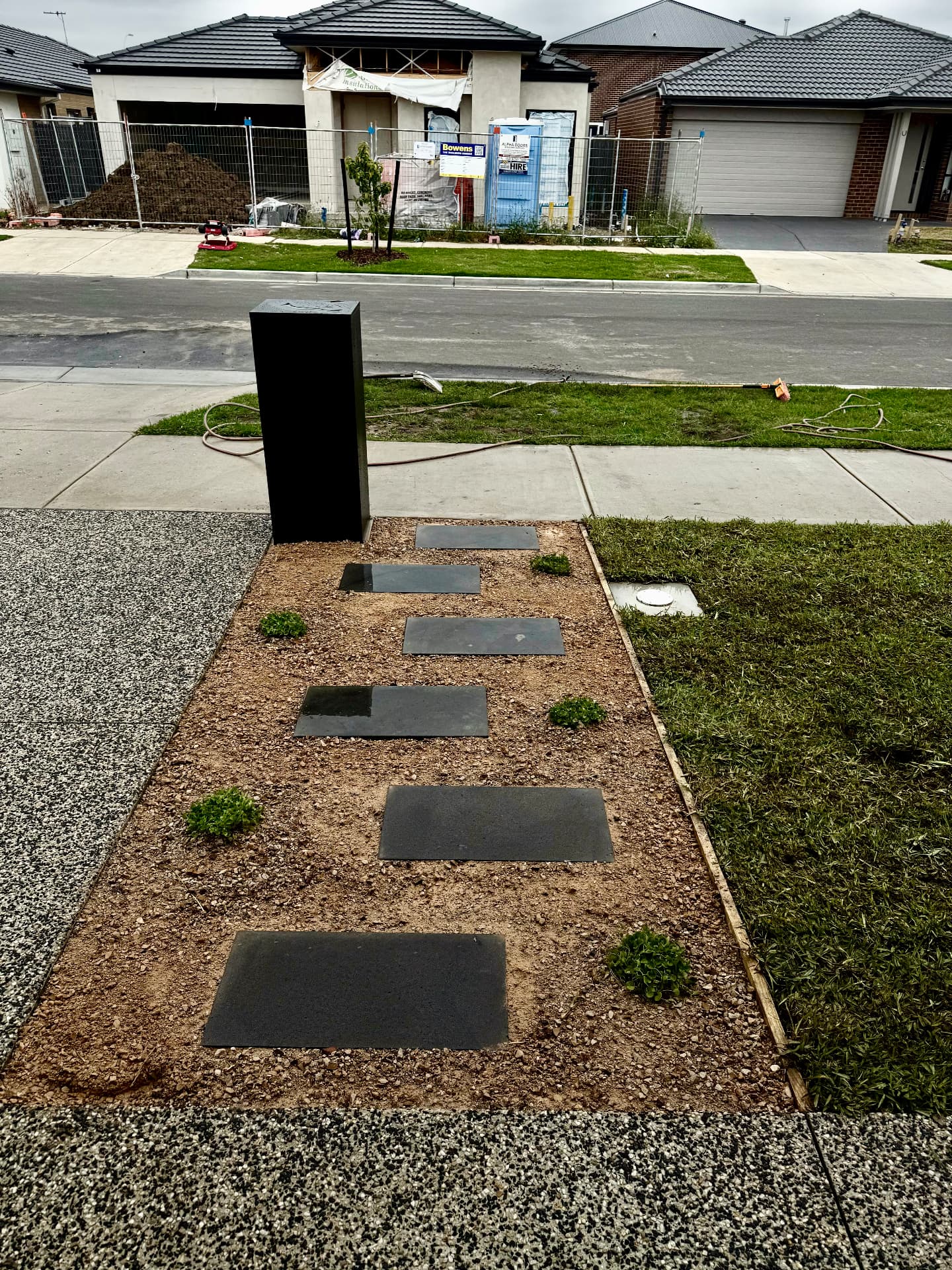 Stepping stone pathway with letterbox leading to new turfed front yard