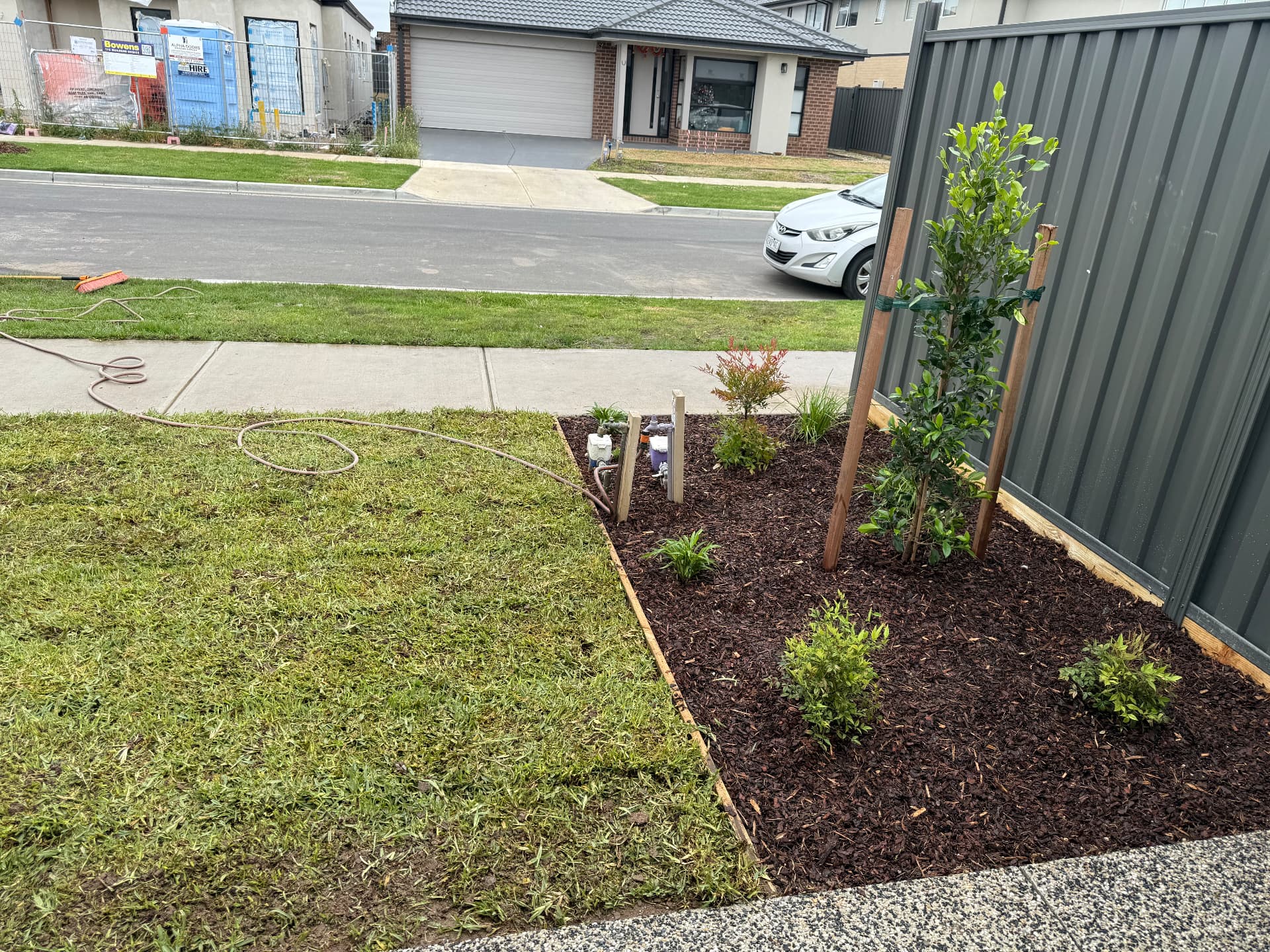 New turf and mulched side garden bed with young trees along fence line
