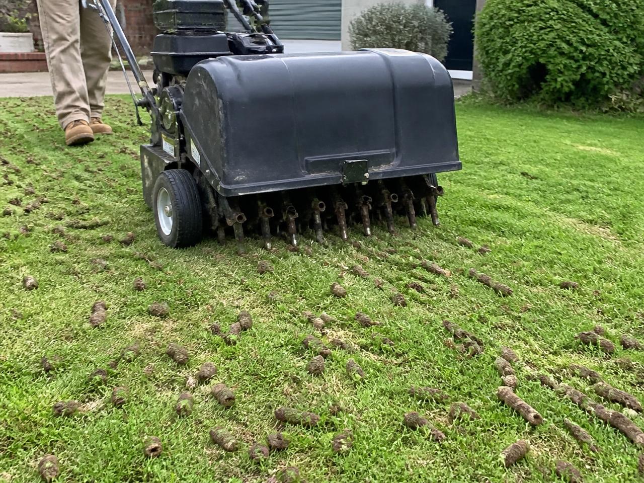 Core aerator pulling soil plugs from a suburban lawn